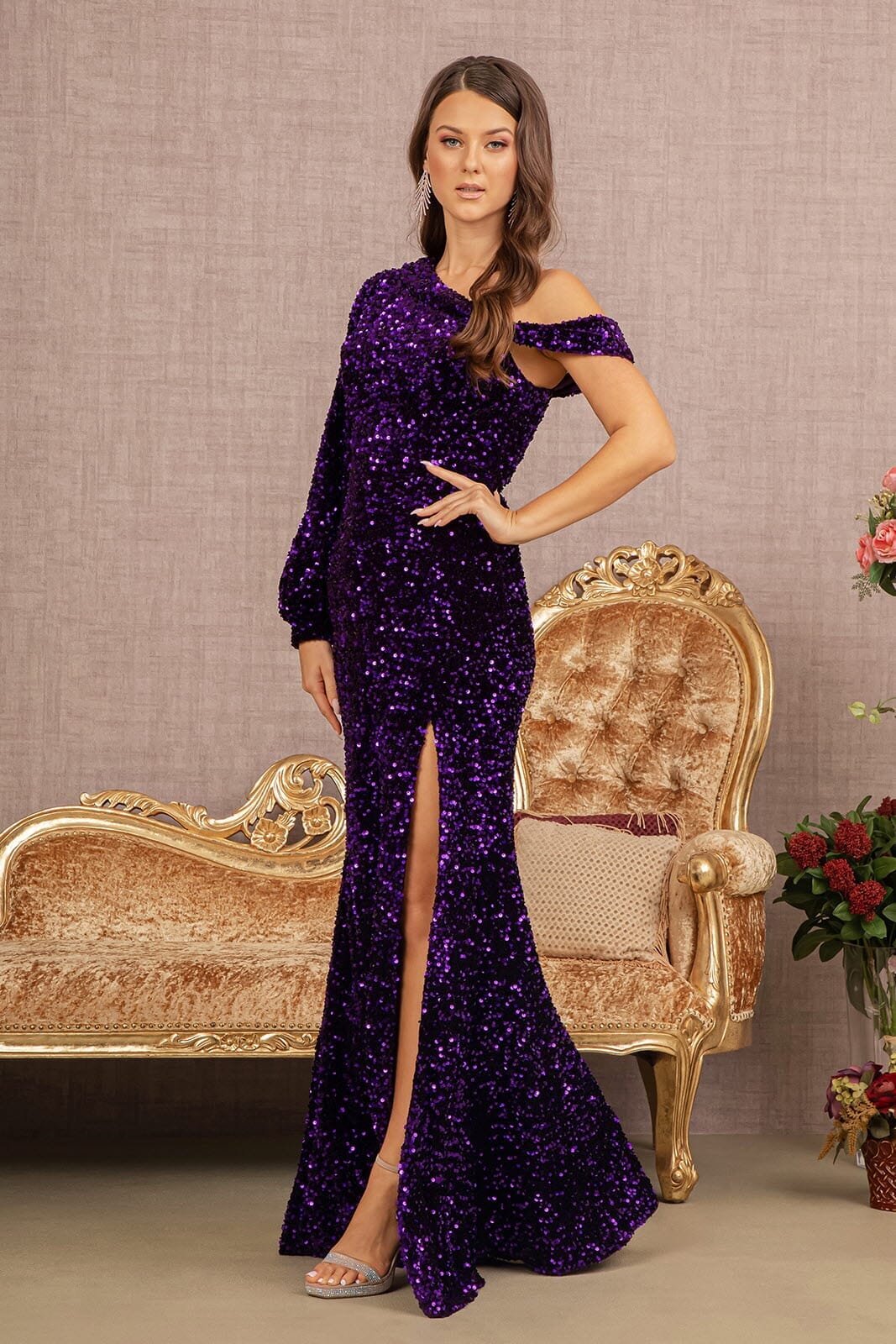 Sequin Fitted Long Sleeve Slit Gown by Elizabeth K GL3159 - Outlet