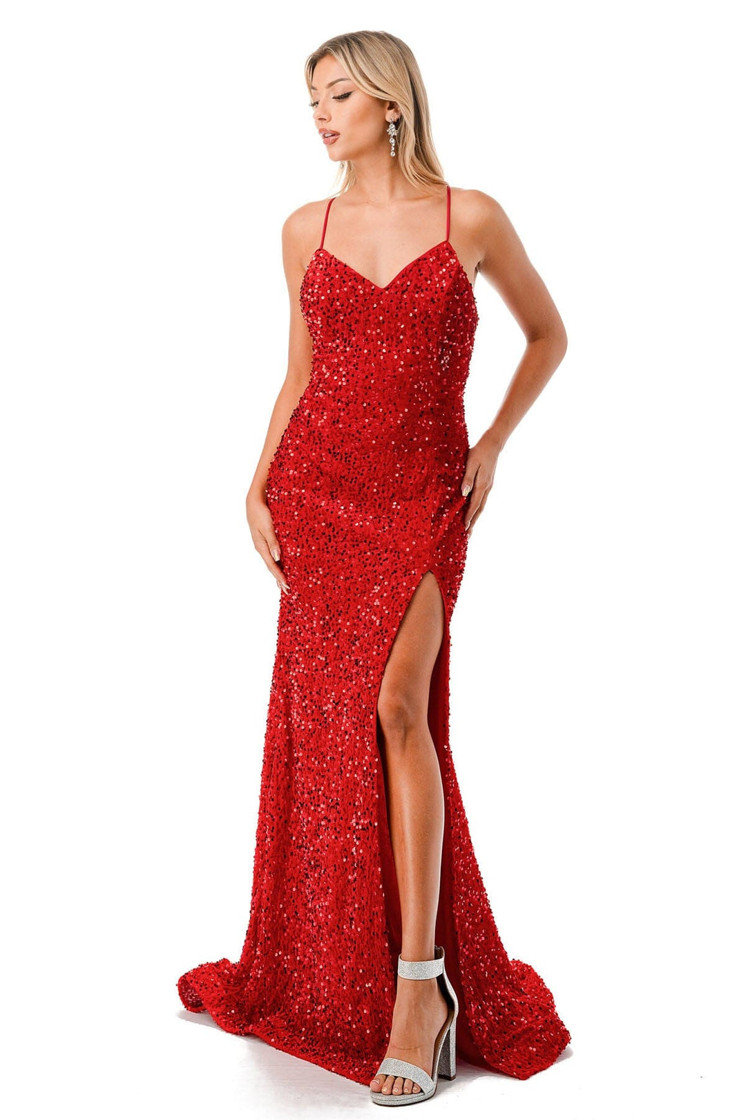 Sequin Fitted Sleeveless Slit Gown by Coya D621