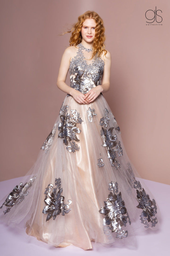 Sequin Floral Print Halter Evening Dress by GLS Gloria GL2655-Long Formal Dresses-ABC Fashion