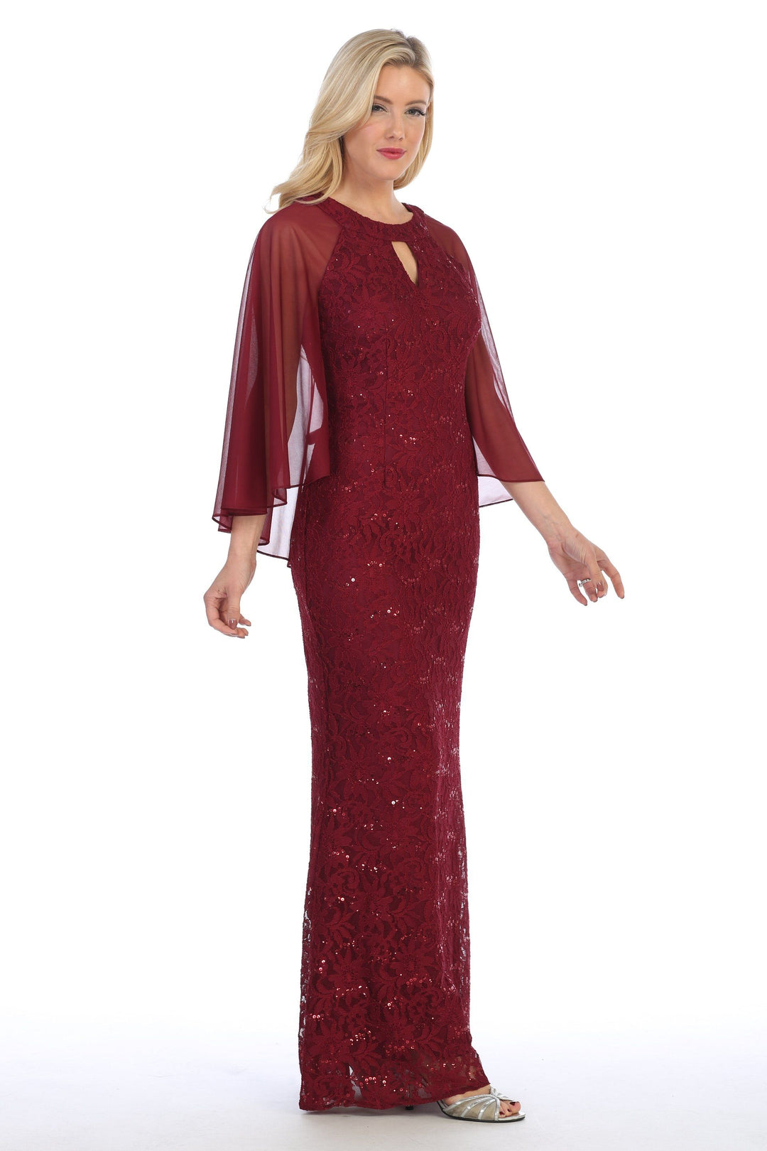 Sequin Lace Long Cape Dress with Flutter Sleeves by Celavie 6352-L-Long Formal Dresses-ABC Fashion