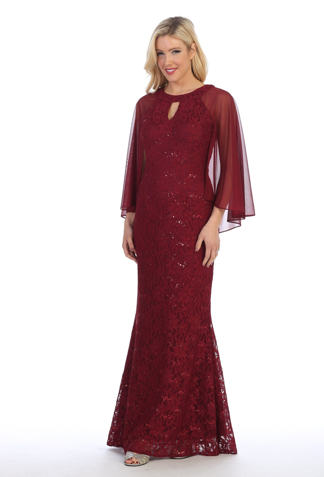 Sequin Lace Long Cape Dress with Flutter Sleeves by Celavie 6352-L-Long Formal Dresses-ABC Fashion