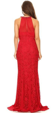 Sequin Lace Long Halter Mermaid Dress by Celavie 8300-Long Formal Dresses-ABC Fashion