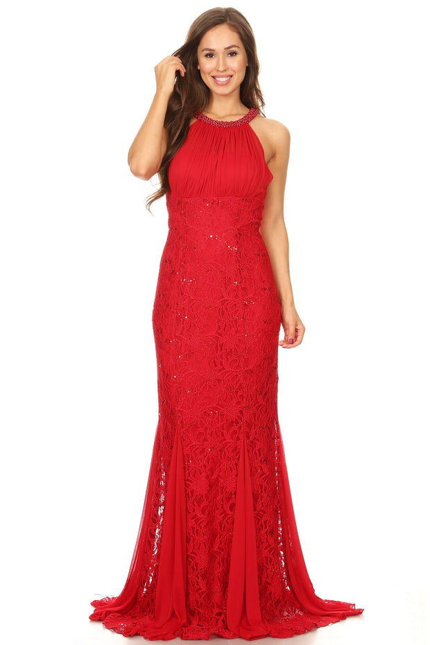 Sequin Lace Long Halter Mermaid Dress by Celavie 8300-Long Formal Dresses-ABC Fashion