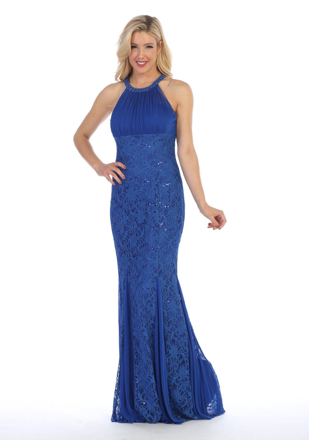 Sequin Lace Long Halter Mermaid Dress by Celavie 8300-Long Formal Dresses-ABC Fashion