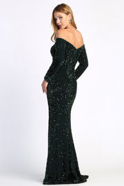 Sequin Long Sleeve Off Shoulder Gown by Adora 3058