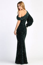 Sequin Long Sleeve One Shoulder Gown by Adora 3070