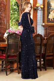 Sequin Long Sleeve One Shoulder Gown by Adora 3070