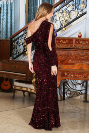 Sequin Long Sleeve One Shoulder Gown by Adora 3070