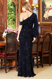 Sequin Long Sleeve One Shoulder Gown by Adora 3070