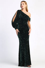 Sequin Long Sleeve One Shoulder Gown by Adora 3070