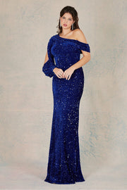Sequin Long Sleeve One Shoulder Gown by Adora 3070