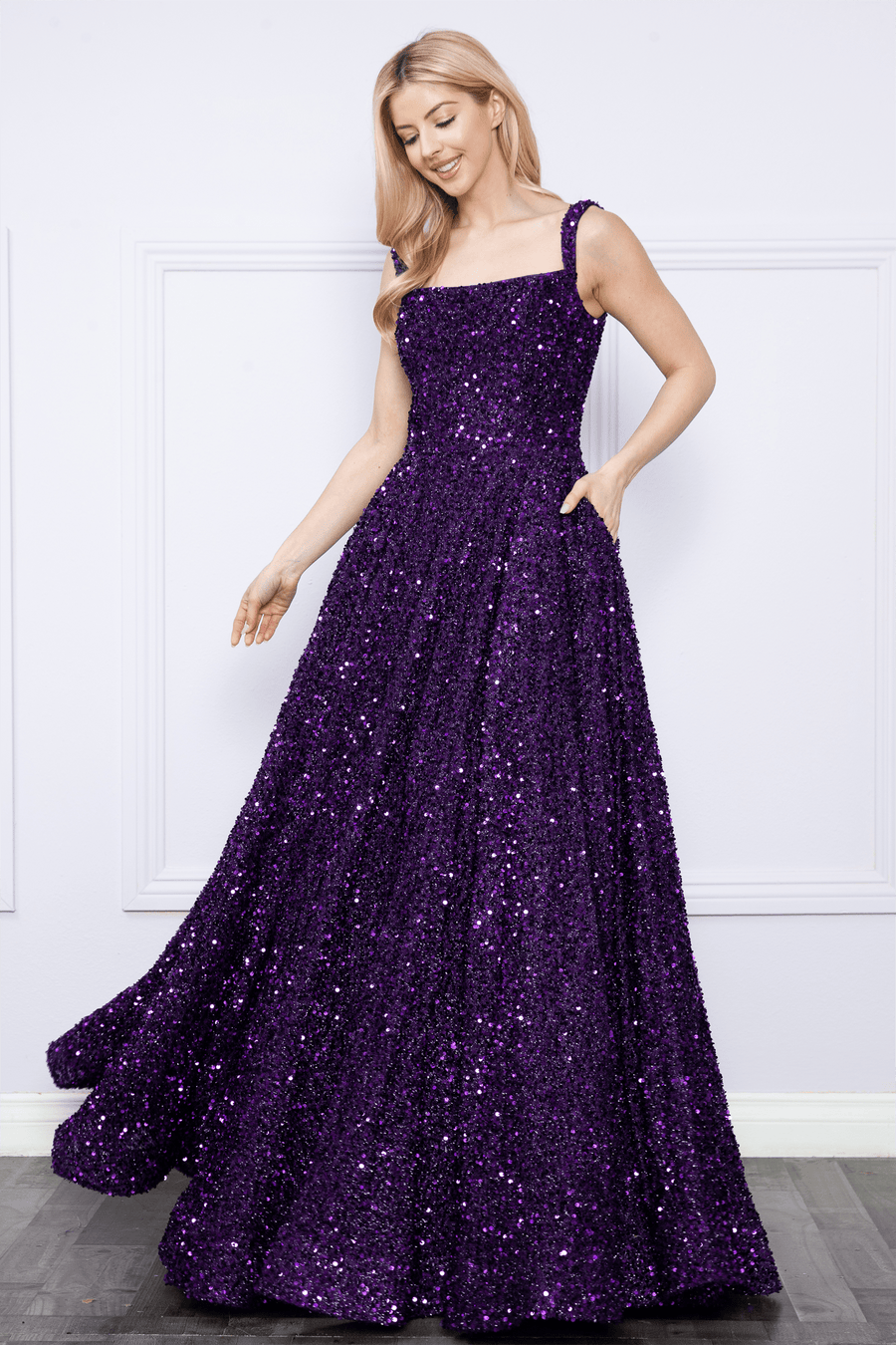 Sequin Long Sleeveless A-line Dress by Poly USA 9106 – ABC Fashion