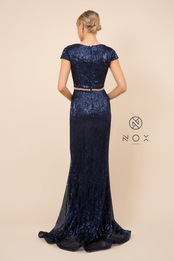 Sequin Mermaid Gown with Short Sleeves by Nox Anabel F338