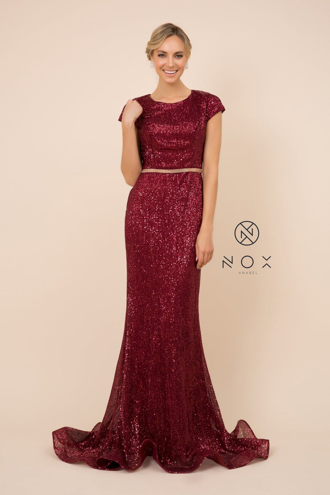 Sequin Mermaid Gown with Short Sleeves by Nox Anabel F338