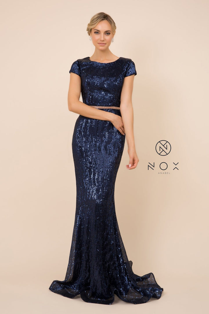 Sequin Mermaid Gown with Short Sleeves by Nox Anabel F338