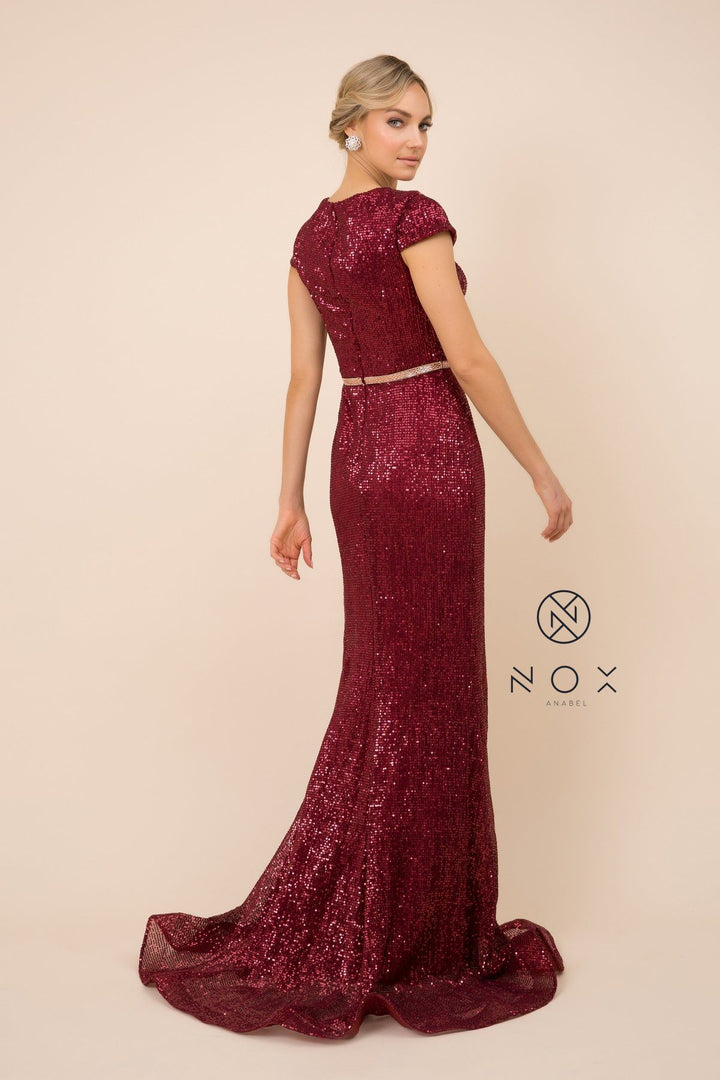 Sequin Mermaid Gown with Short Sleeves by Nox Anabel F338