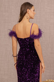 Sequin Off Shoulder Feather Gown by Elizabeth K GL3149