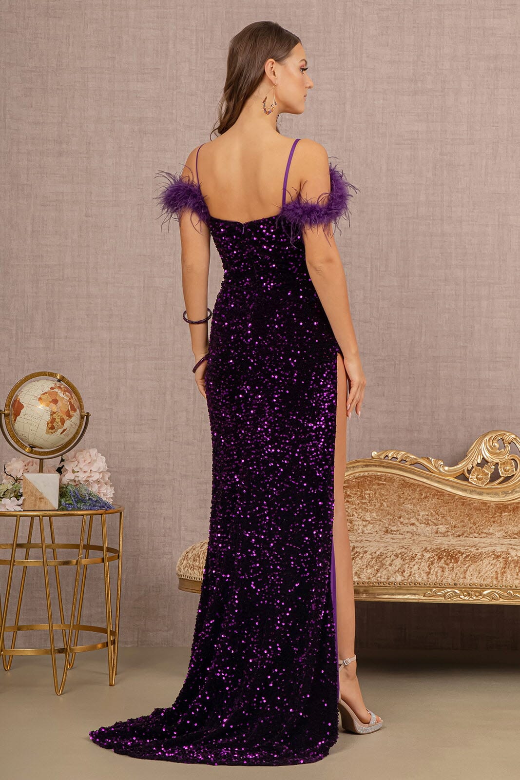 Sequin Off Shoulder Feather Gown by Elizabeth K GL3149