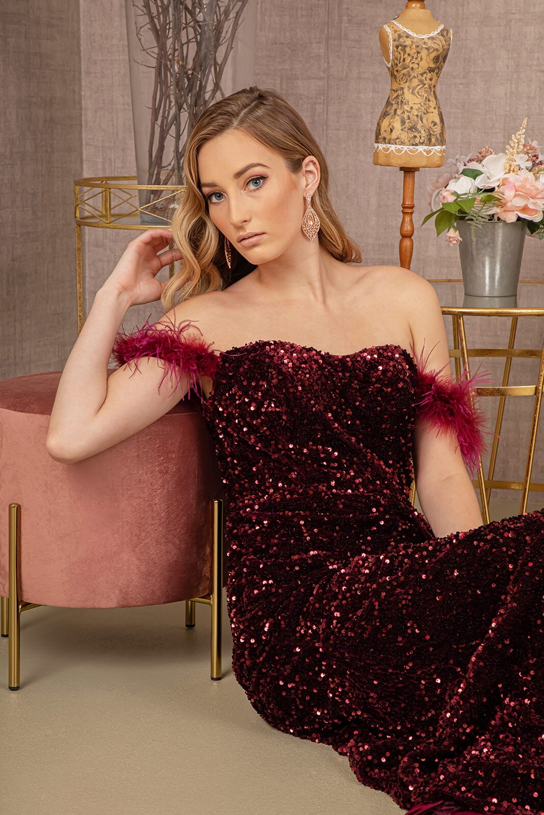 Sequin Off Shoulder Feather Gown by Elizabeth K GL3163