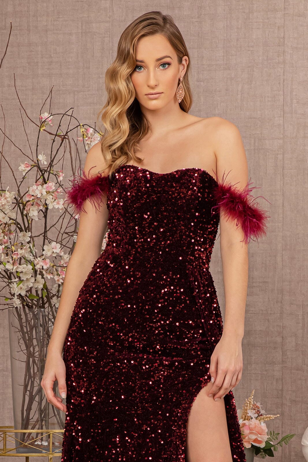 Sequin Off Shoulder Feather Gown by Elizabeth K GL3163