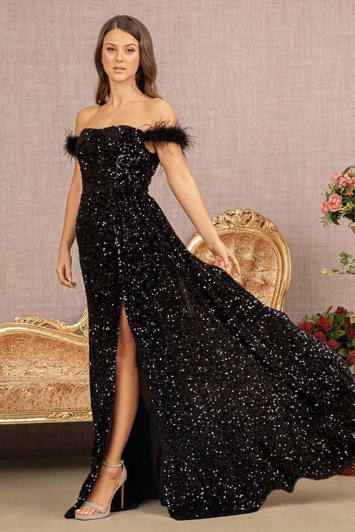 Sequin Off Shoulder Feather Gown by Elizabeth K GL3163