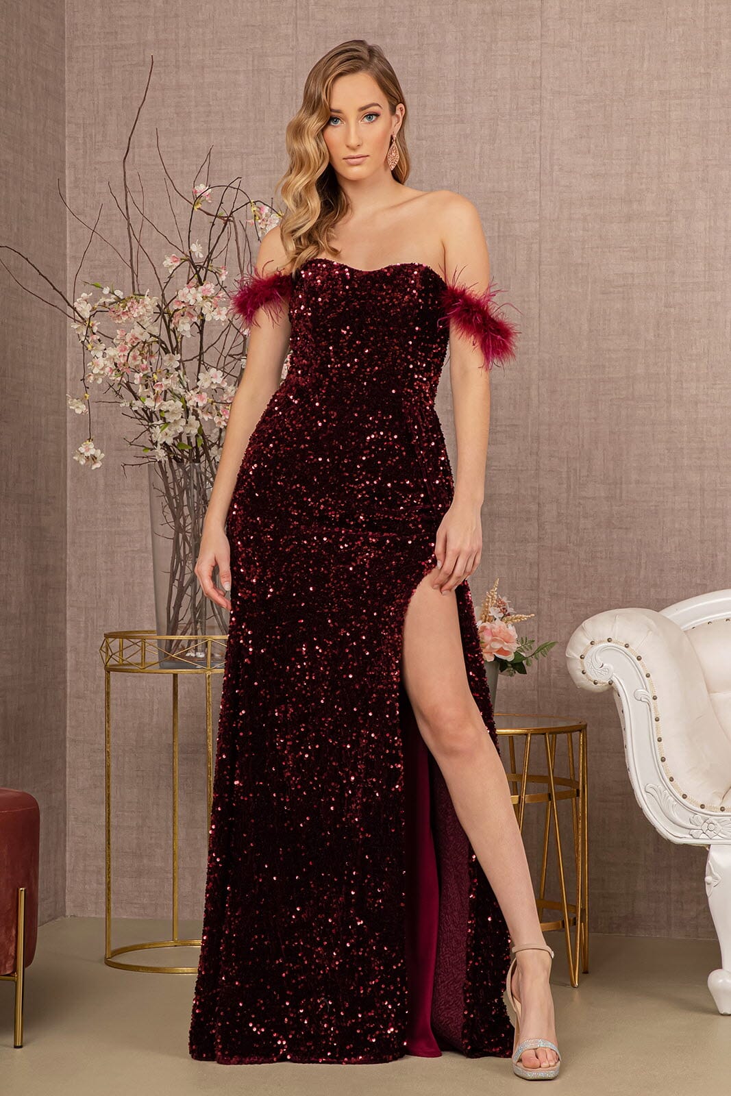 Sequin Off Shoulder Feather Gown by Elizabeth K GL3163 XS / Wine