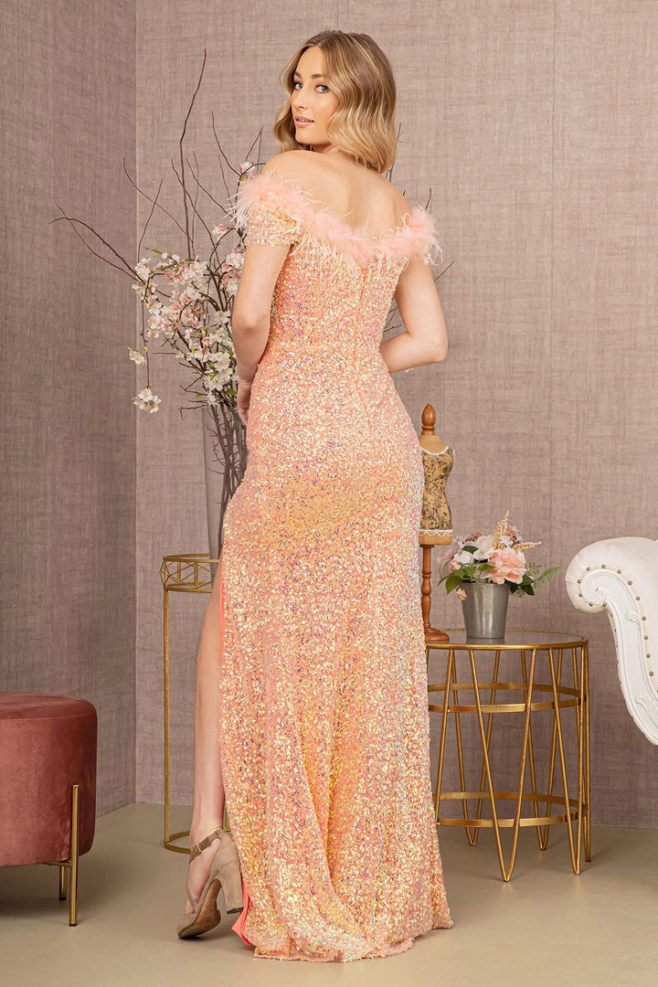 Sequin Off Shoulder Feather Gown by Elizabeth K GL3164