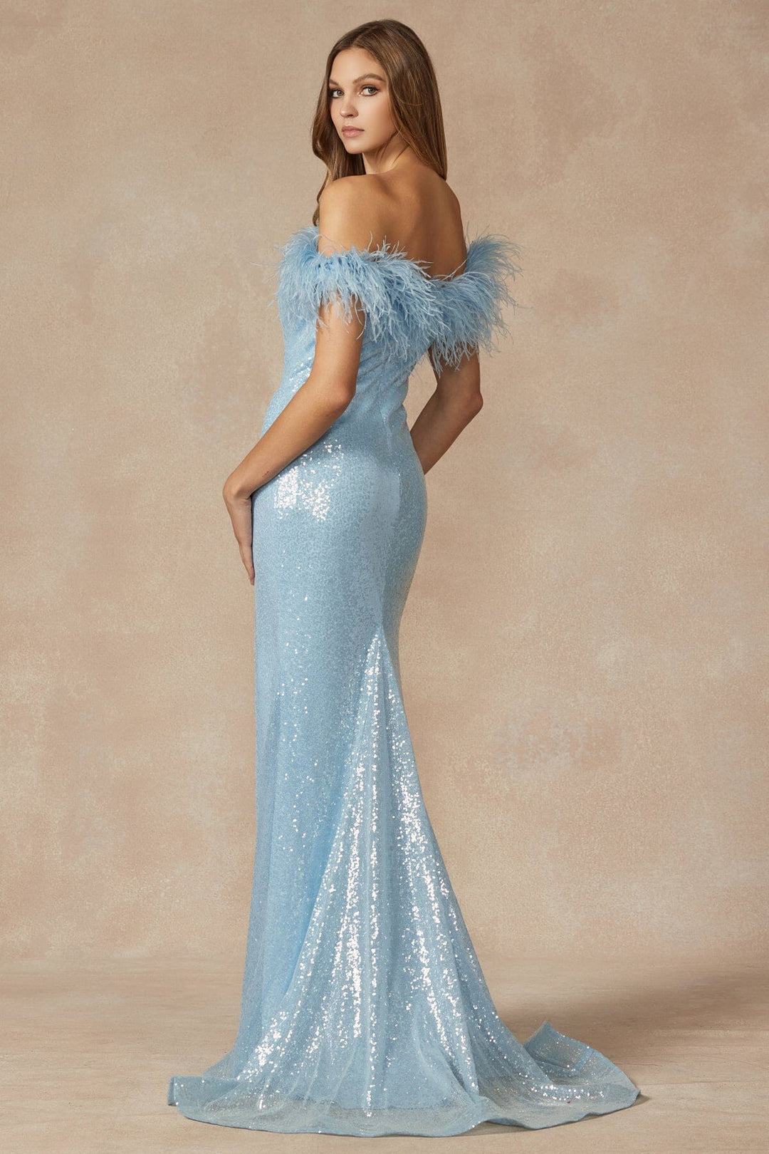 Sequin Off Shoulder Feather Gown by Juliet 292