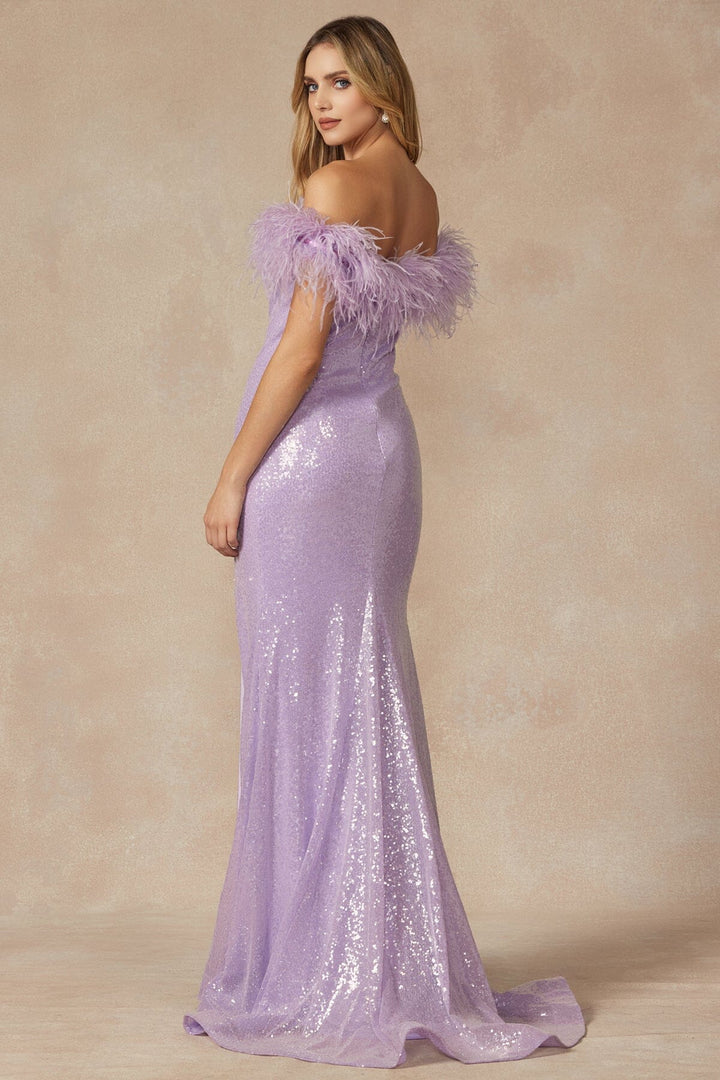 Sequin Off Shoulder Feather Gown by Juliet 292