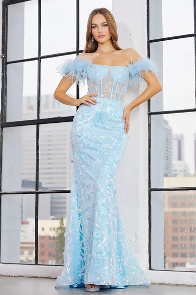 Sequin Off Shoulder Feather Mermaid Dress by Adora 3129