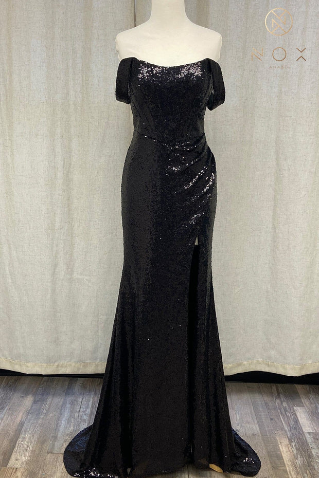 Sequin Off Shoulder Slit Gown by Nox Anabel R1203