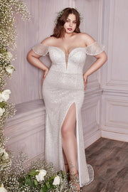 Sequin Off Shoulder White Gown by Cinderella Divine CH167W