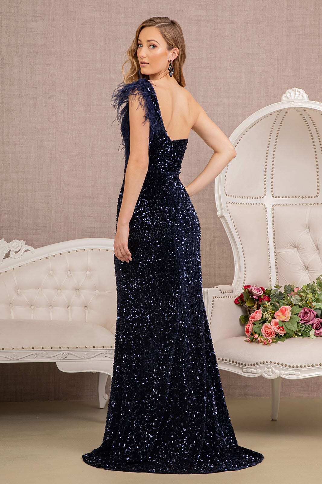 Sequin One Shoulder Feather Gown by GLS Gloria GL3154