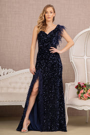 Sequin One Shoulder Feather Gown by GLS Gloria GL3154