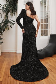 Sequin One Shoulder Long Sleeve Gown by Ladivine CD885
