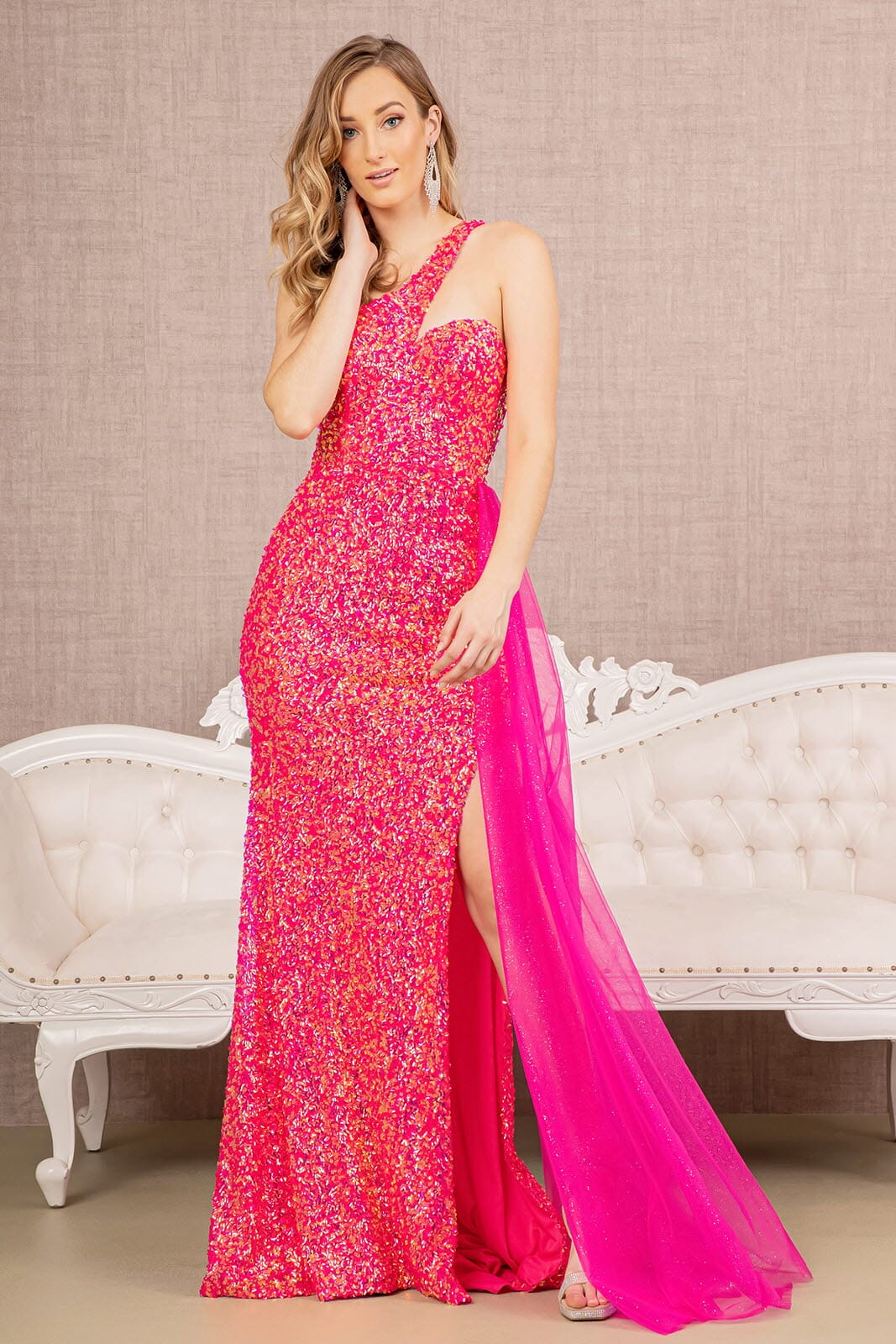 Sequin One Shoulder Slit Gown by Elizabeth K GL3133