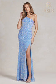 Sequin One Shoulder Slit Gown by Nox Anabel R1202