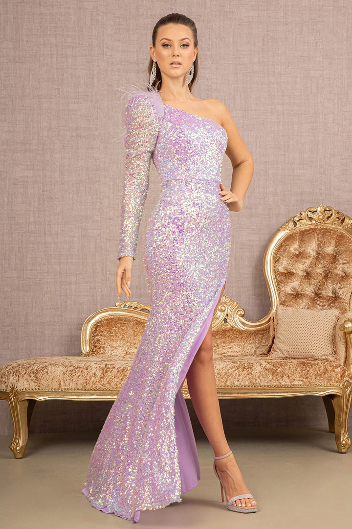 Sequin One Sleeve Feather Gown by GLS Gloria GL3128