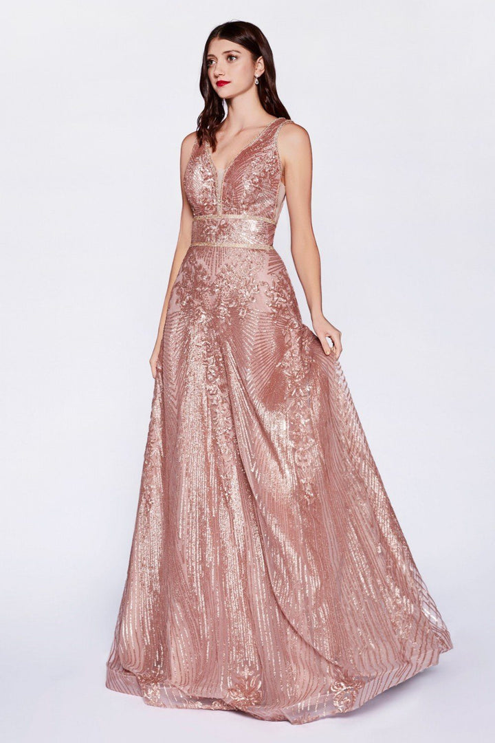 Sequin Print Long V-Neck Dress by Cinderella Divine CD09-Long Formal Dresses-ABC Fashion