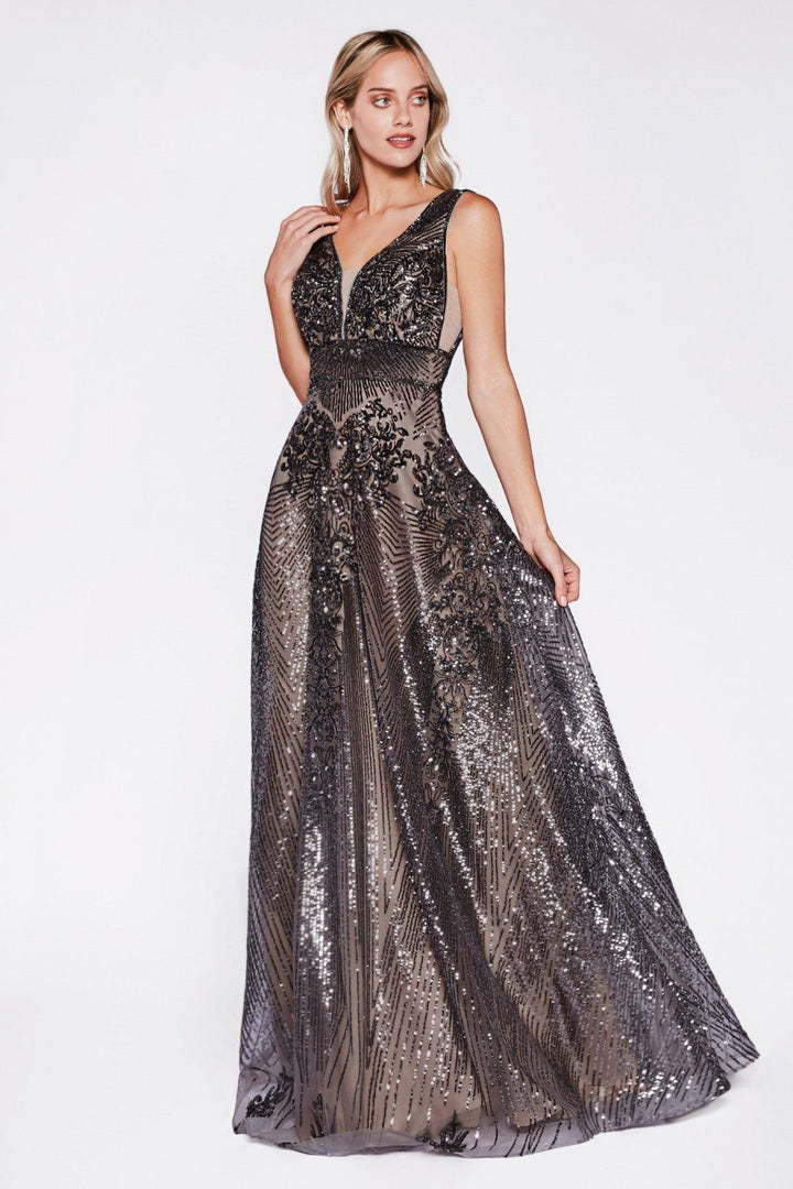 Sequin Print Long V-Neck Dress by Cinderella Divine CD09-Long Formal Dresses-ABC Fashion