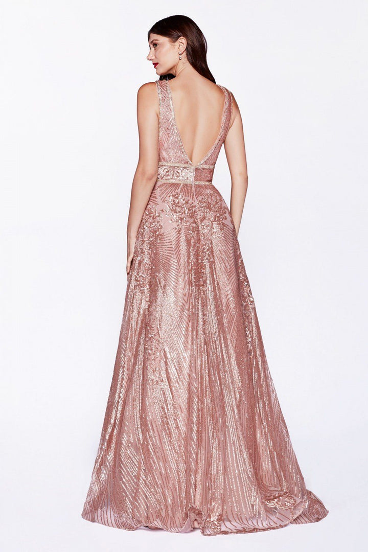 Sequin Print Long V-Neck Dress by Cinderella Divine CD09-Long Formal Dresses-ABC Fashion