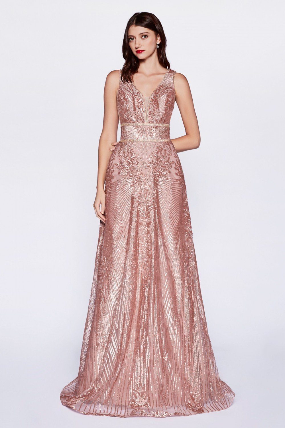 Sequin Print Long V-Neck Dress by Cinderella Divine CD09-Long Formal Dresses-ABC Fashion
