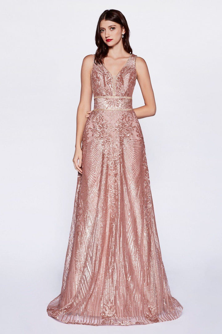 Sequin Print Long V-Neck Dress by Cinderella Divine CD09-Long Formal Dresses-ABC Fashion