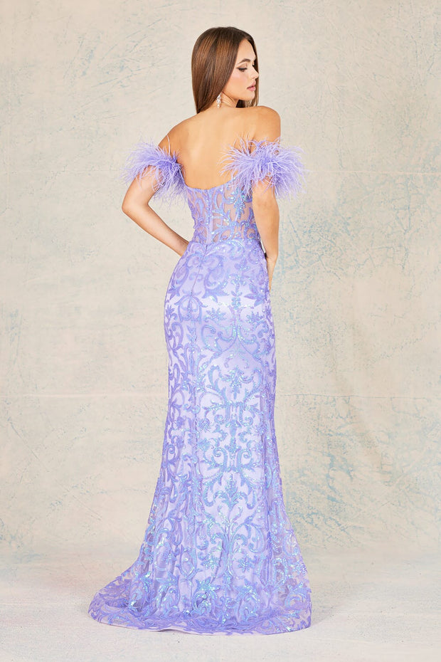 Sequin Print Off Shoulder Feather Gown by Adora 3129