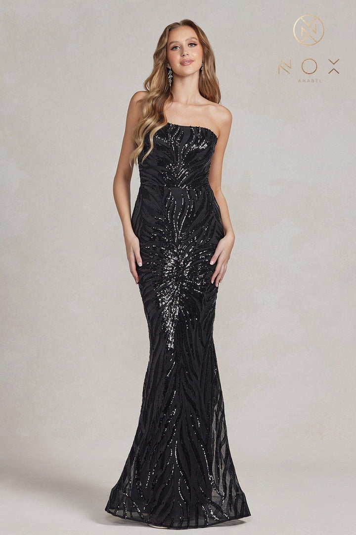Sequin Print One Shoulder Gown by Nox Anabel R1204