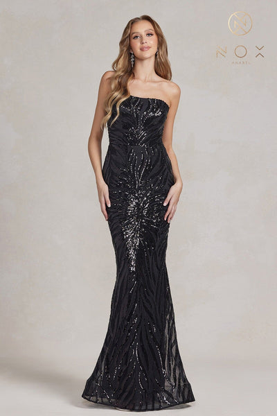 Sequin Print One Shoulder Gown by Nox Anabel R1204