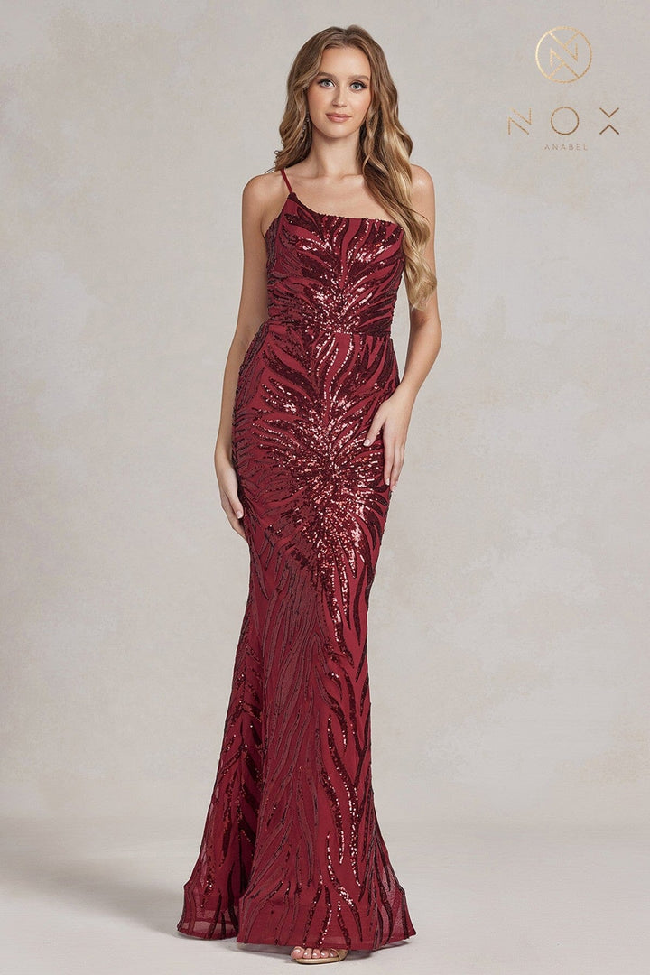 Sequin Print One Shoulder Gown by Nox Anabel R1204