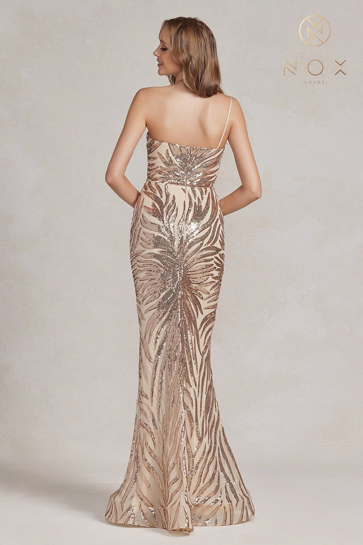 Sequin Print One Shoulder Gown by Nox Anabel R1204