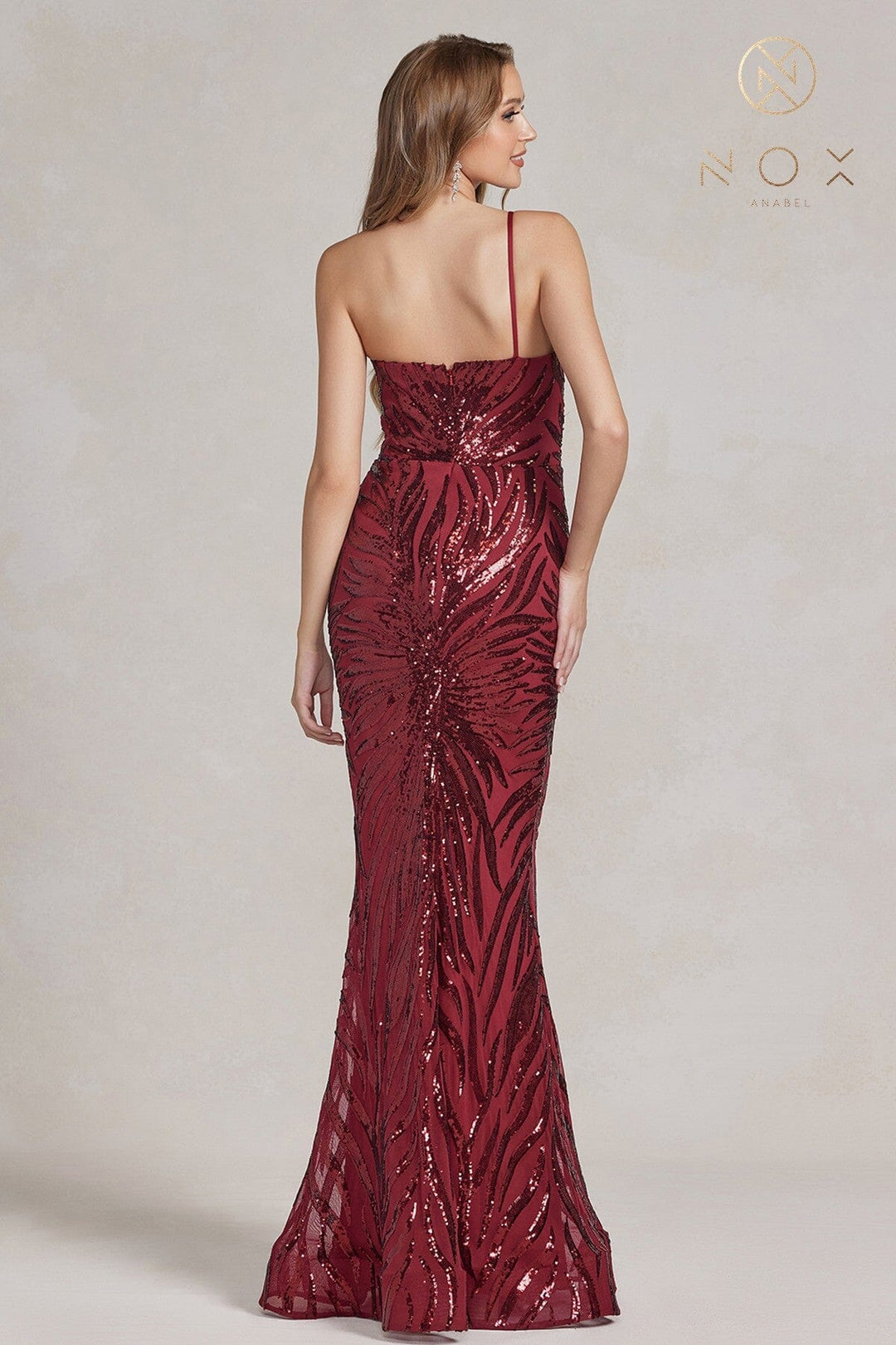 Sequin Print One Shoulder Gown by Nox Anabel R1204