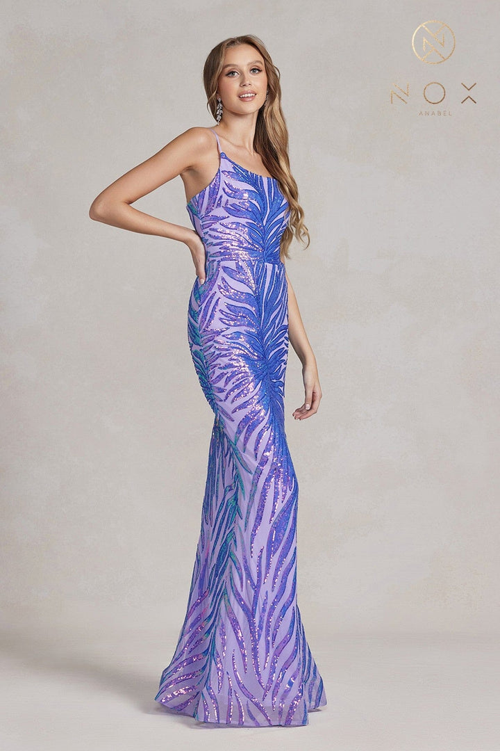 Sequin Print One Shoulder Gown by Nox Anabel R1204